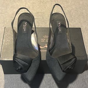 Black Satin  kitten heel evening shoes, with beautiful rose.